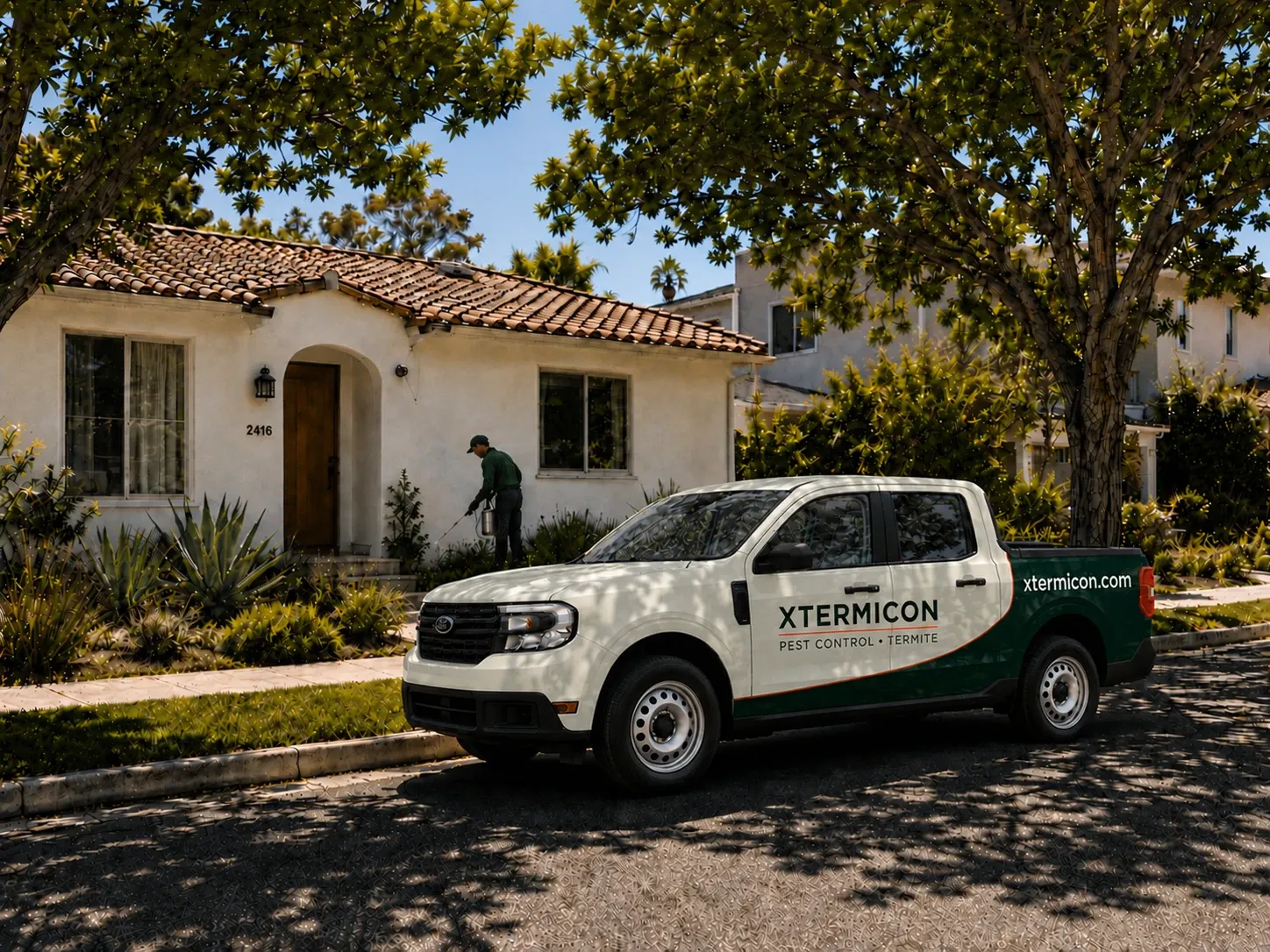 Xtermicon Pest Control truck outside a Southern California home