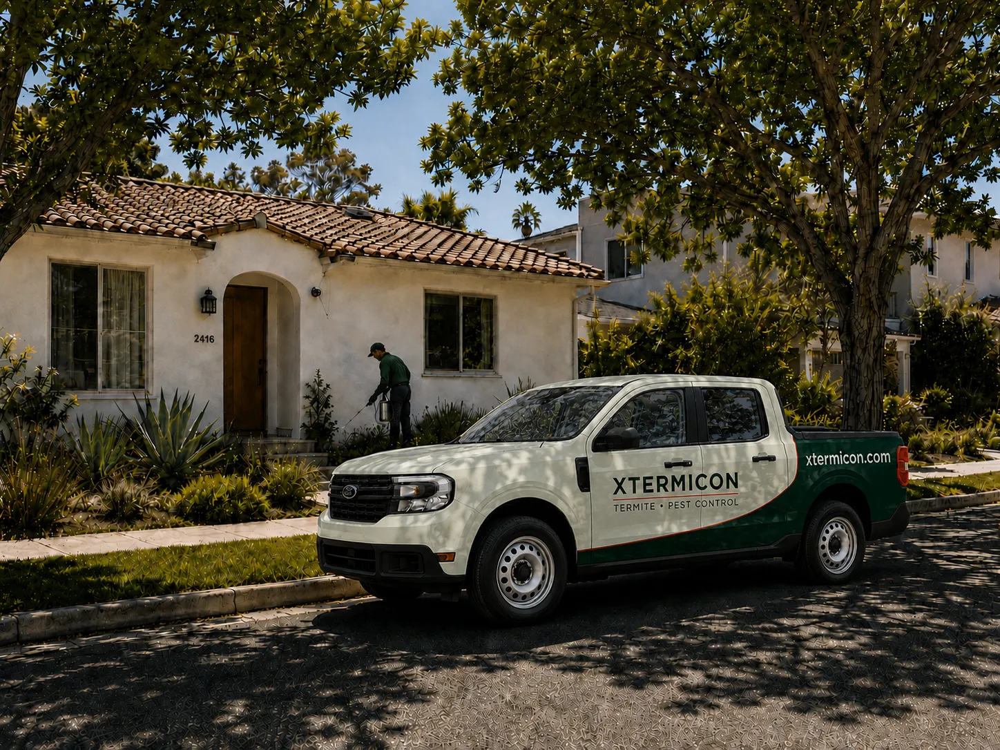 Xtermicon Pest Control truck outside a Southern California home