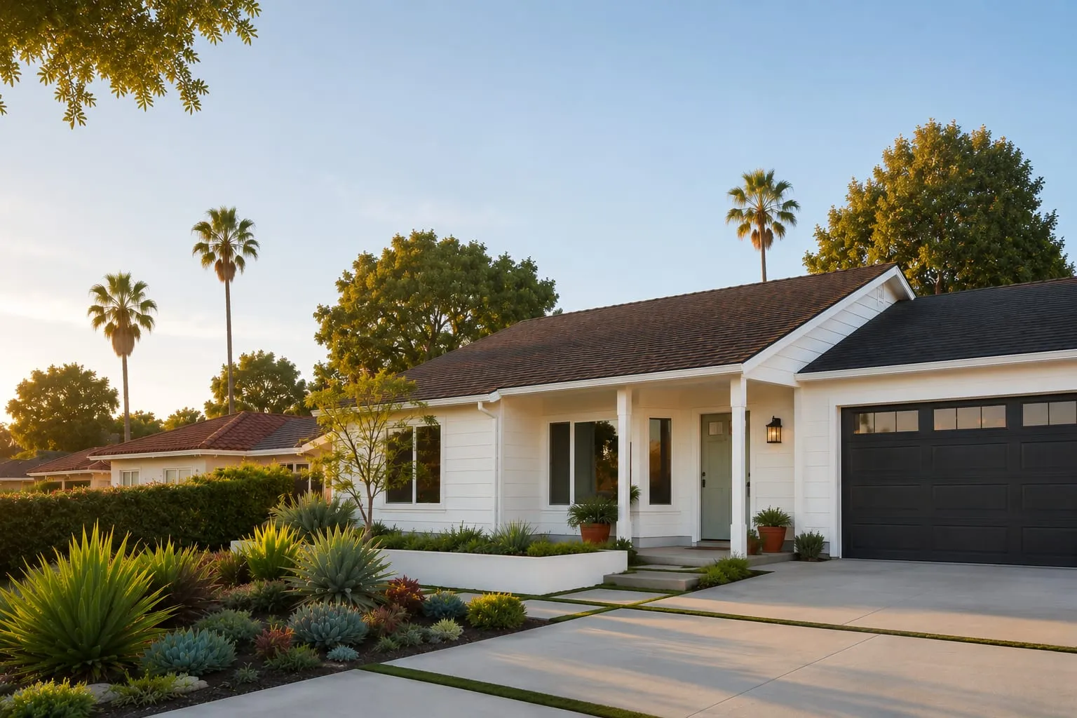 A single-story white Southern California ranch-style home at golden hour with palm trees and drought-tolerant front landscaping — representing the South Bay homes Xtermicon, formerly Al & Sons, protects.
