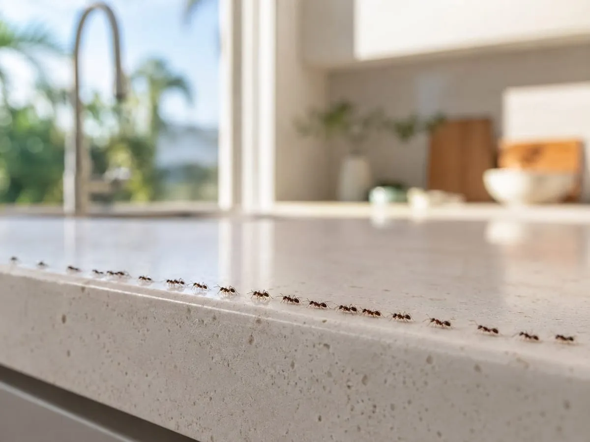 Argentine ant trail across a Southern California kitchen counter — the dominant ant species across the entire LA Basin