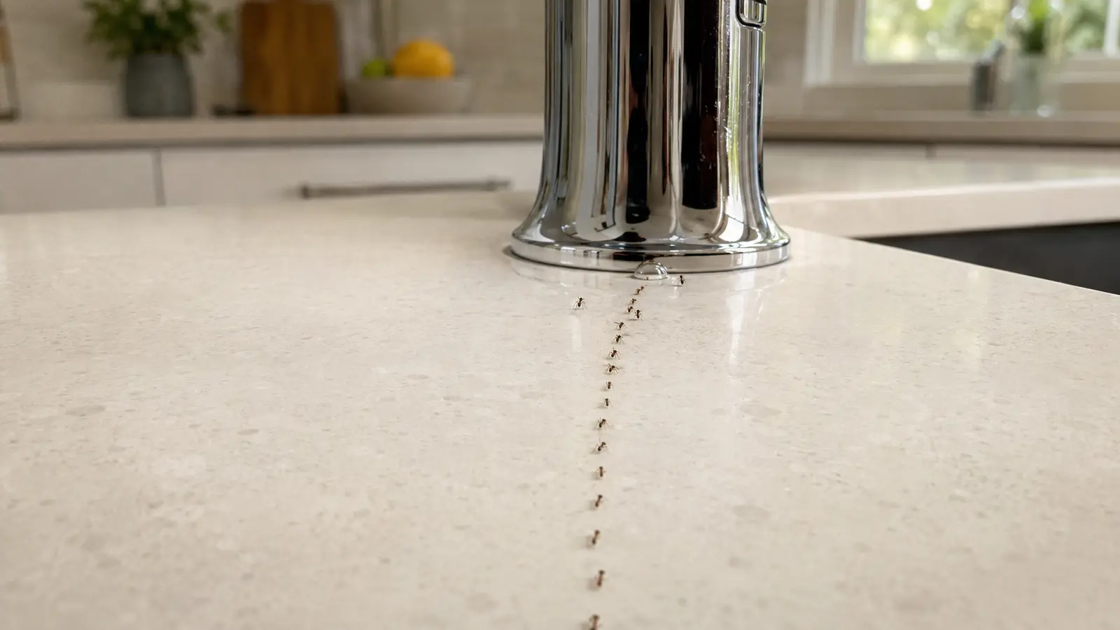 A trail of Argentine ants crossing a kitchen counter toward the base of a faucet, the moisture source that draws them indoors during late-summer heat