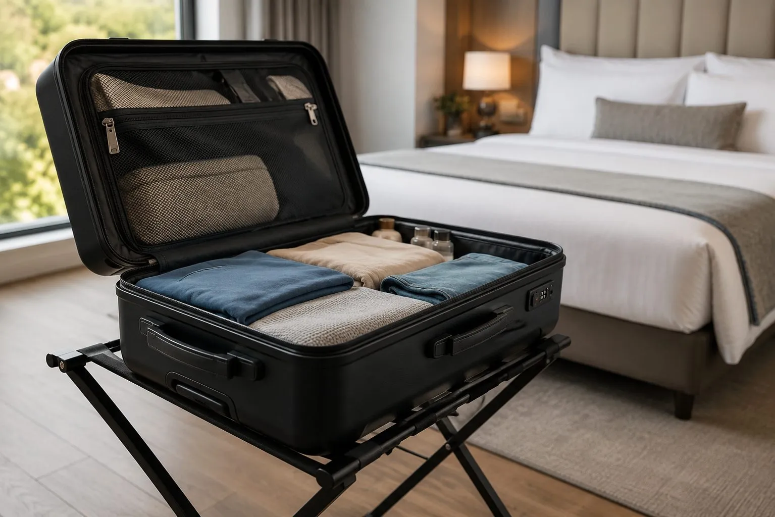 An open hard-sided suitcase resting on a luggage rack in a hotel room, illustrating the smart luggage habits that keep bed bugs from hitchhiking home to Southern California.