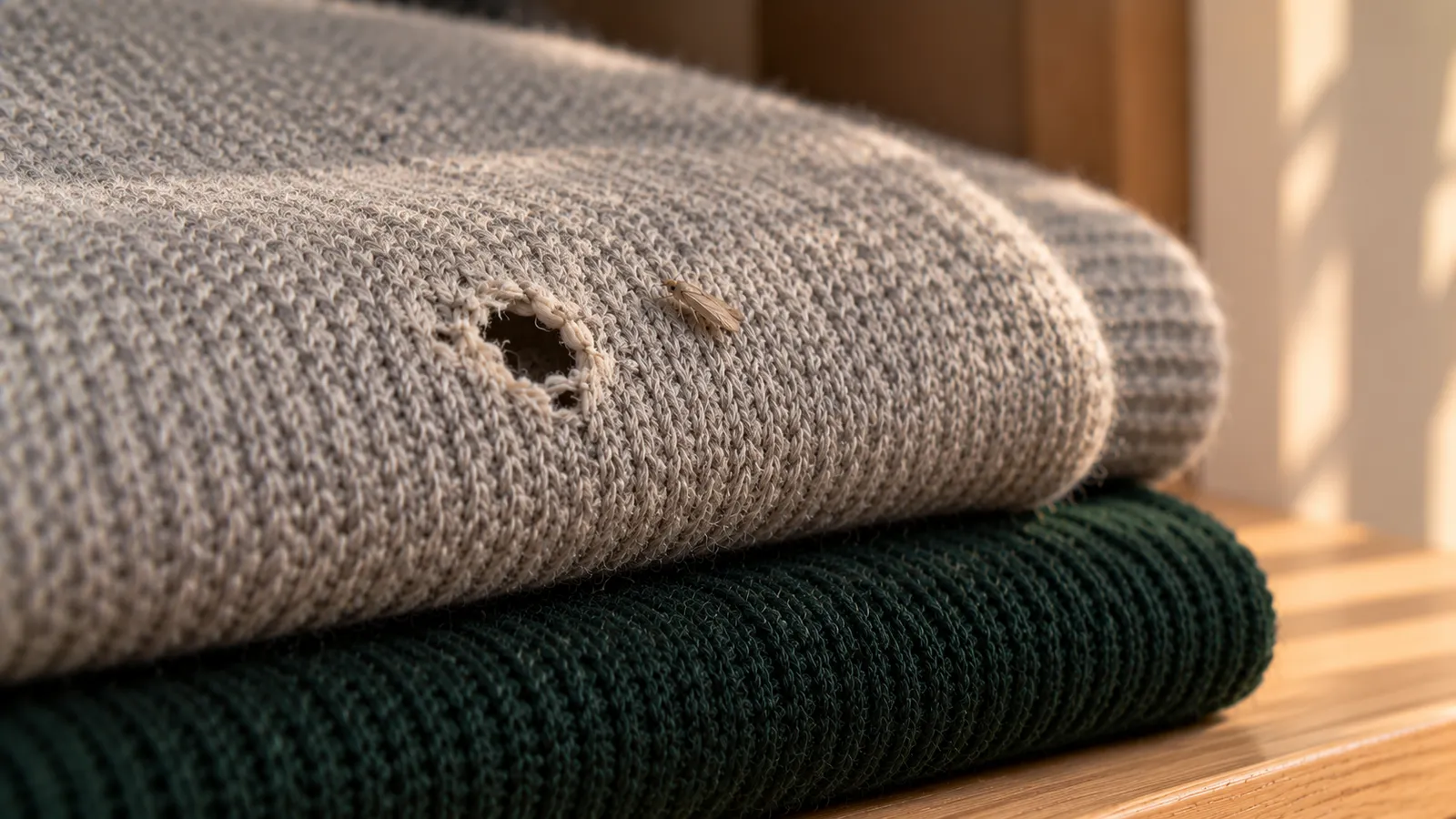 A small golden clothes moth resting on a gray wool sweater beside a ragged, chewed hole, with a dark green knit folded underneath on a wooden shelf