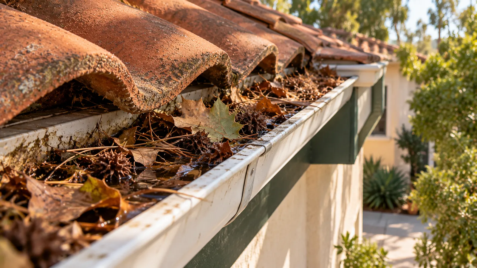 A white rain gutter packed with dead leaves, pine needles and spiky seed pods, with water pooled between them, below mossy terracotta roof tiles on a stucco house