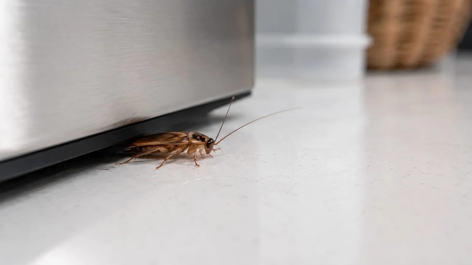 German cockroach emerging from under a kitchen appliance in a clean Southern California home — cleanliness alone doesn't prevent infestations