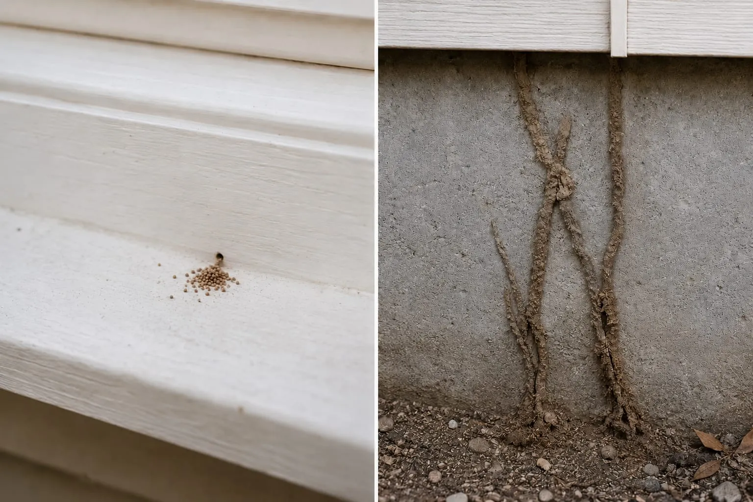 Side-by-side comparison of Southern California termite evidence — drywood termite frass pellets piled beneath infested wood on the left, and subterranean termite mud tubes climbing a home foundation wall on the right