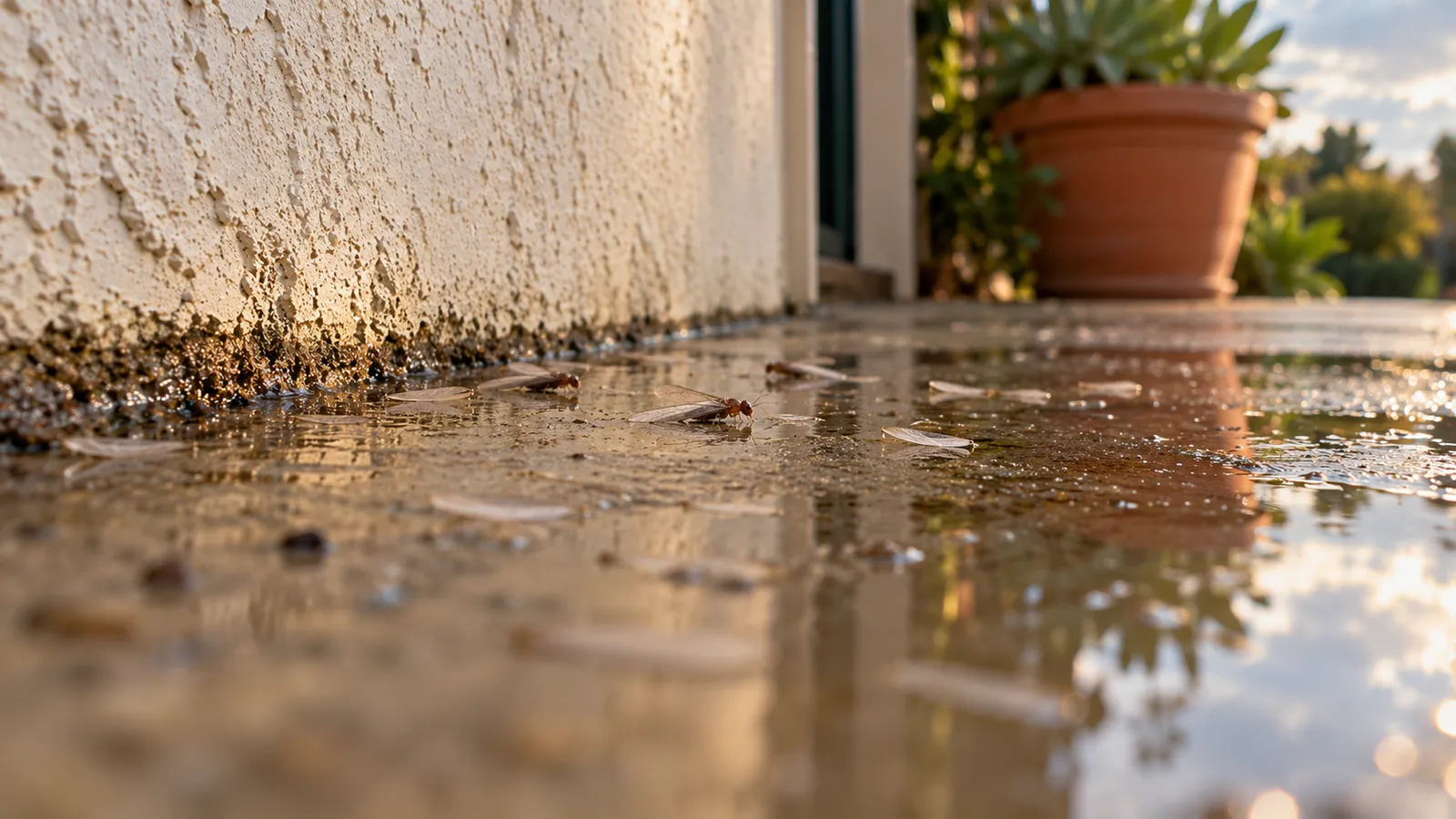 Winged termite swarmers and scattered shed wings on rain-wet concrete at the base of a cream stucco wall, with a terracotta pot and succulent in the background