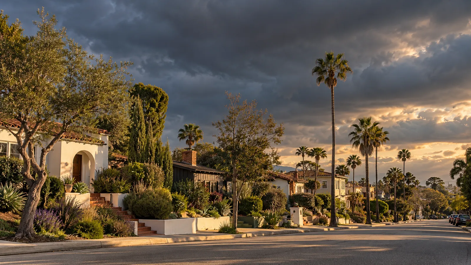 Dark storm clouds building over a quiet Southern California street of stucco homes, olive trees and tall palms, with golden light on the houses and the pavement still dry