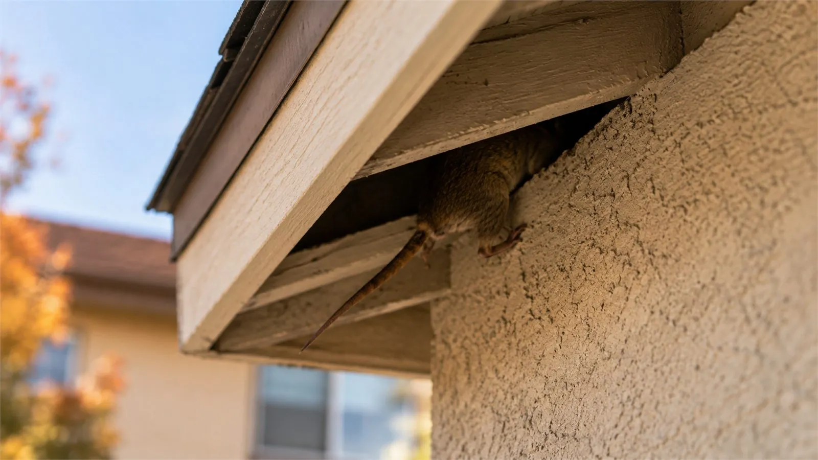 A roof rat at the roofline vent of a Southern California home as temperatures cool — fall is peak season for rodents moving indoors for warmth and food.