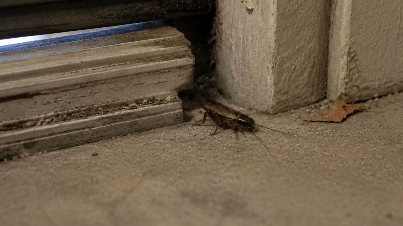 A field cricket on a concrete garage floor beside a door threshold, the damp ground-level entry point crickets use as nights cool in fall