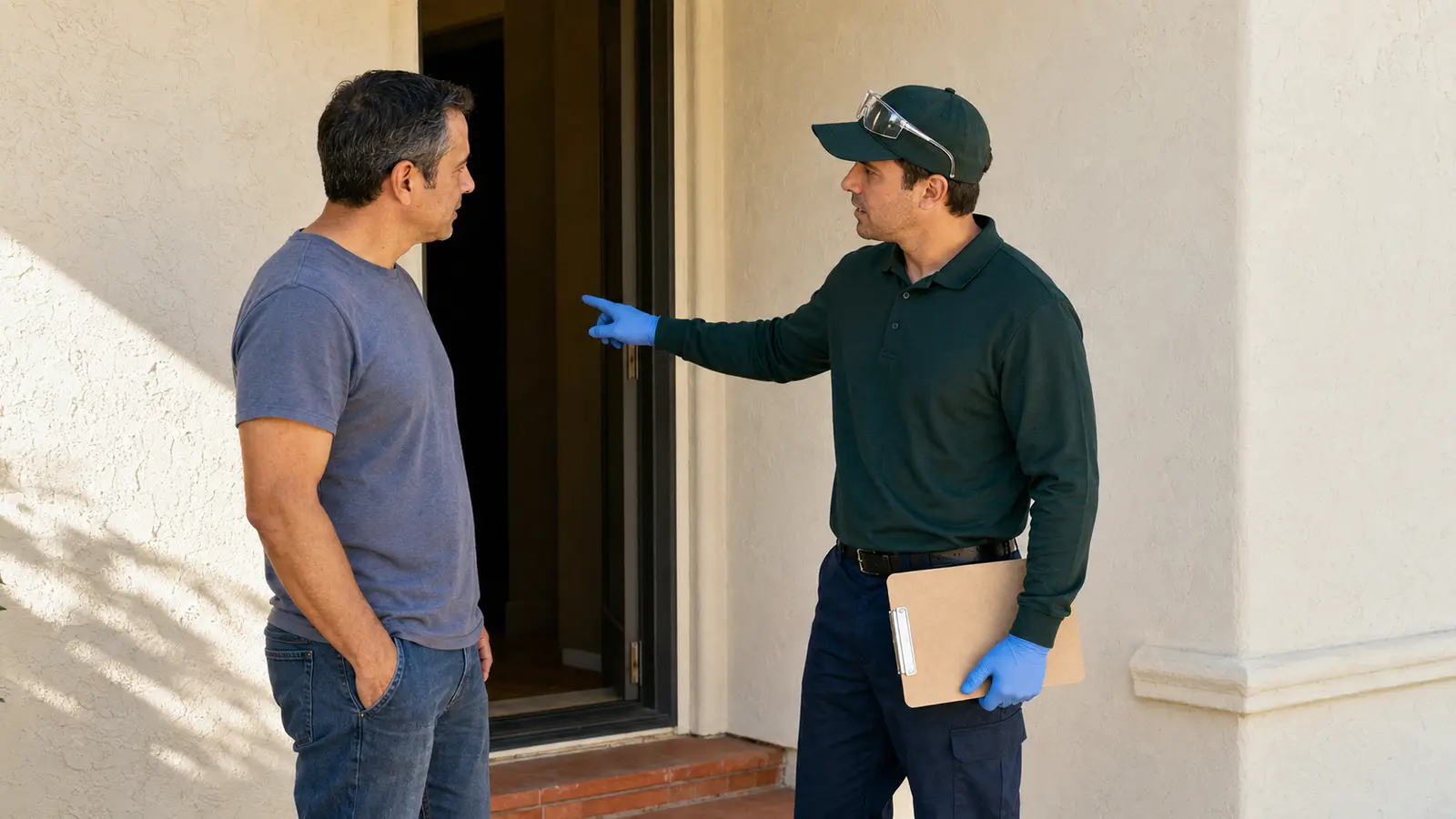 A licensed pest control technician talking through inspection findings with a homeowner at their front door before beginning treatment