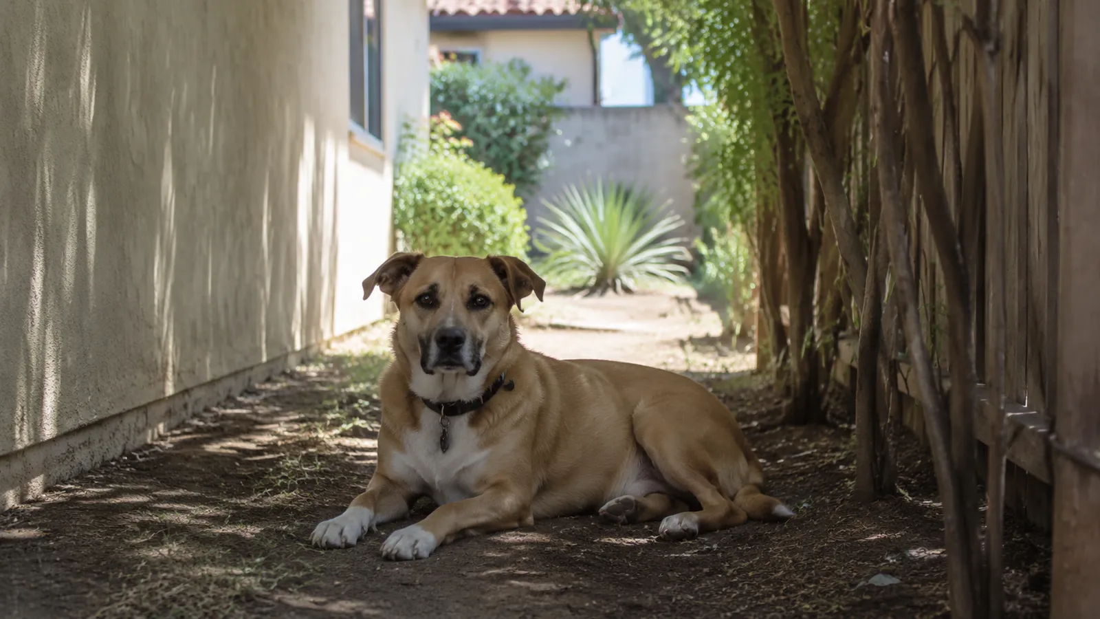 A dog resting in the shaded side yard of a Southern California home, the cool damp soil where flea eggs and larvae actually develop