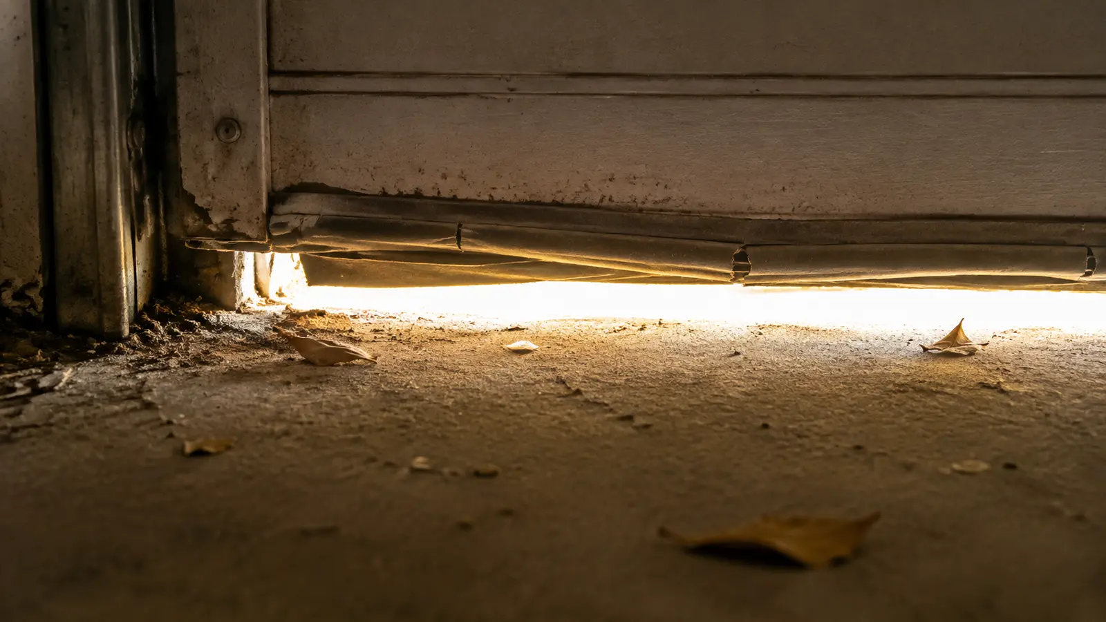 Daylight showing through the gap under a worn garage door seal, the most common structural entry point pests use to get into a Southern California home