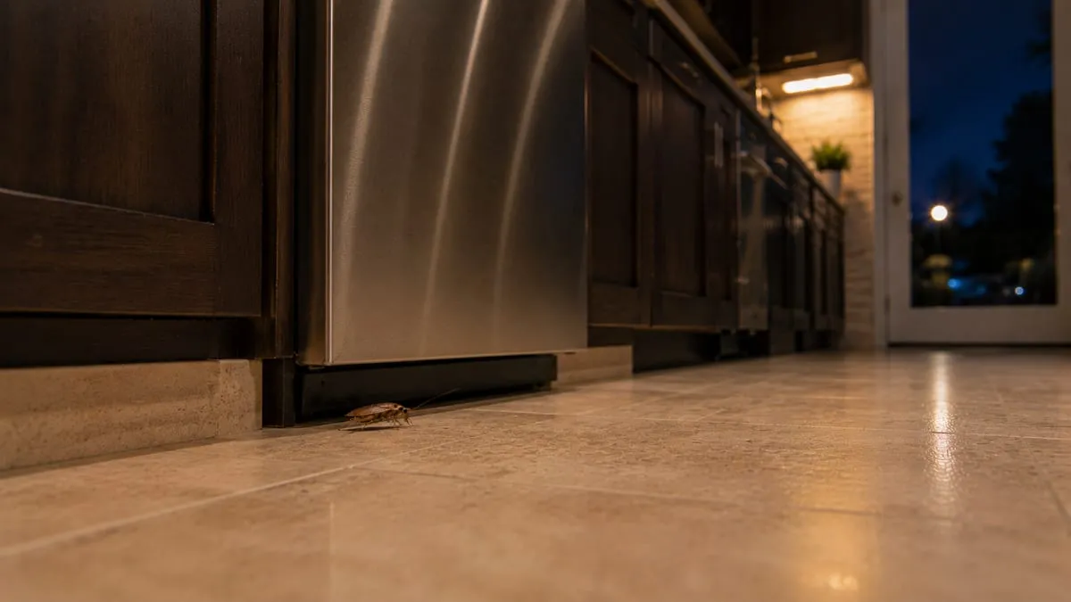 German cockroach on a Southern California kitchen floor at night, by the base of the cabinets and dishwasher — the most common indoor cockroach species in the LA Basin