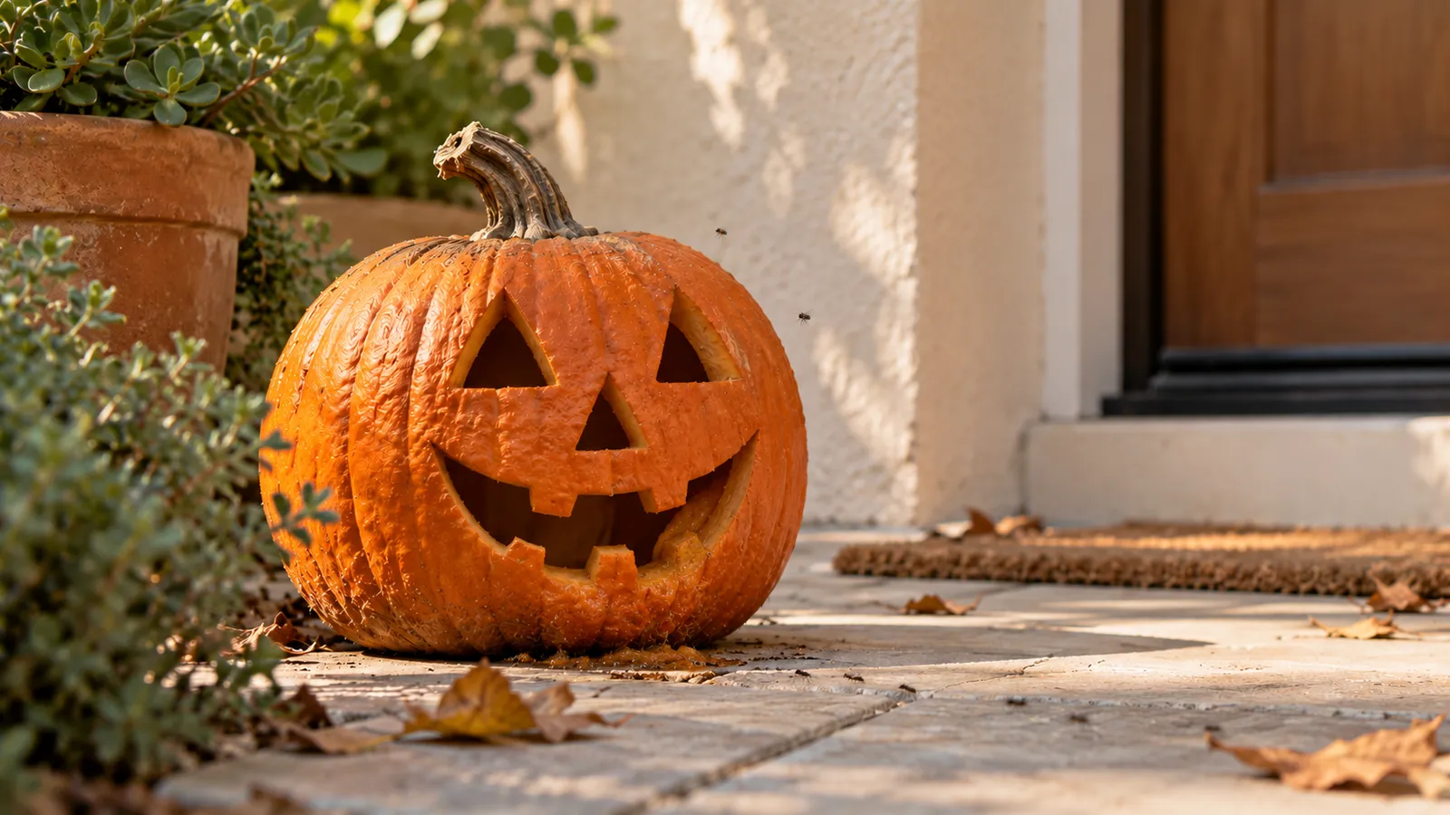 A carved jack-o'-lantern on a stucco porch step with juice pooling at its base, two fruit flies hovering nearby and a few small ants on the stone