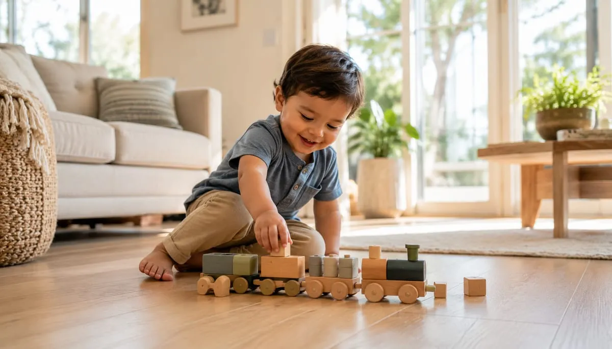 A young child playing with wooden toys on the floor of a bright, clean Southern California living room — the kind of safe home environment child-conscious pest control protects
