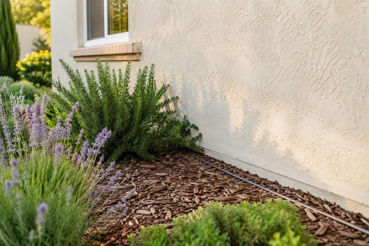 A landscaped Southern California yard with shrubs, mulch beds, and irrigation running close to the foundation — the kind of well-meaning landscaping that can quietly invite termites, ants, and rodents toward the house.