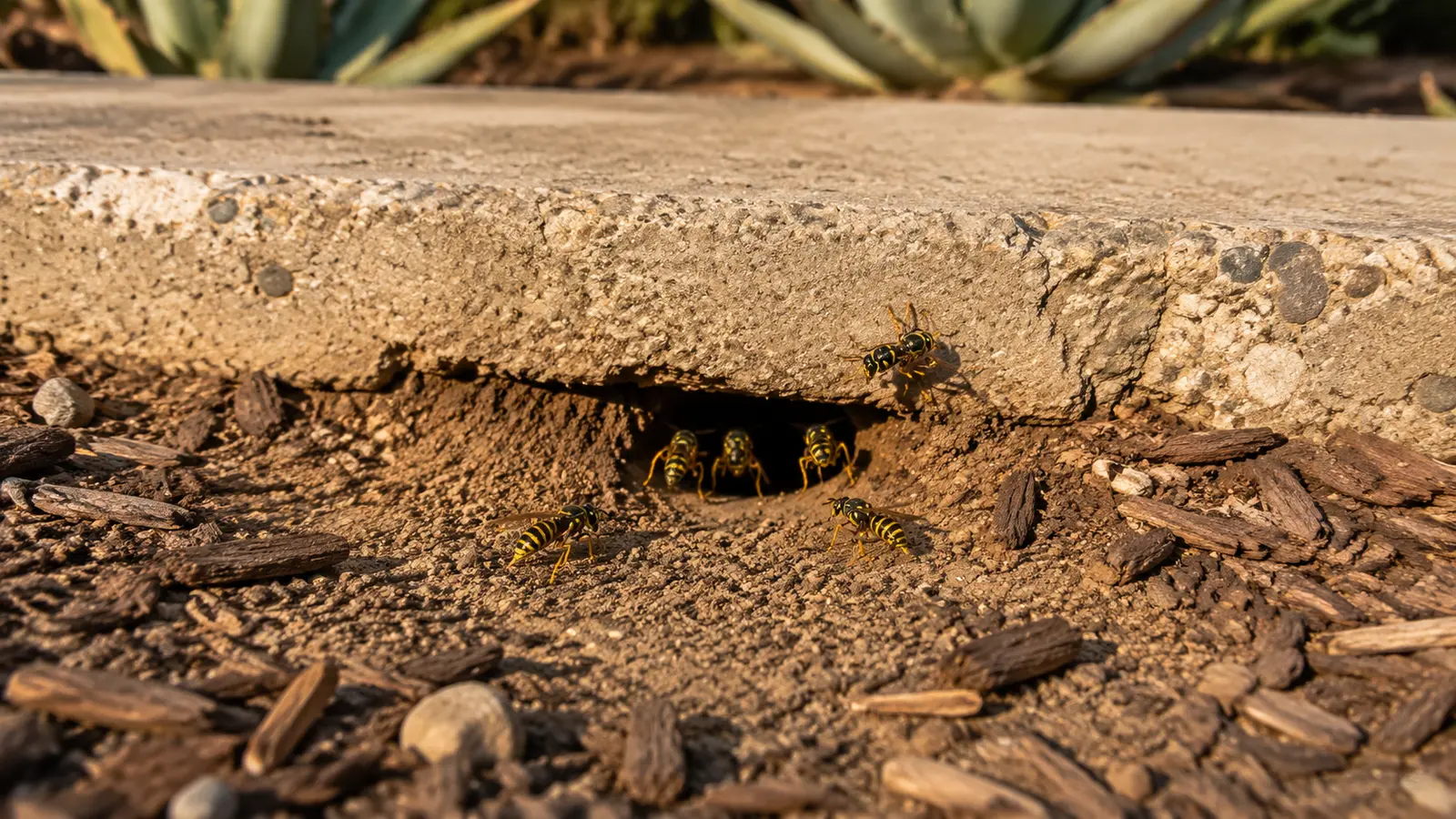 Yellow jackets entering and leaving a ground nest under the edge of a concrete walkway in a Southern California yard, the hidden nest type most likely to cause stings during yard work