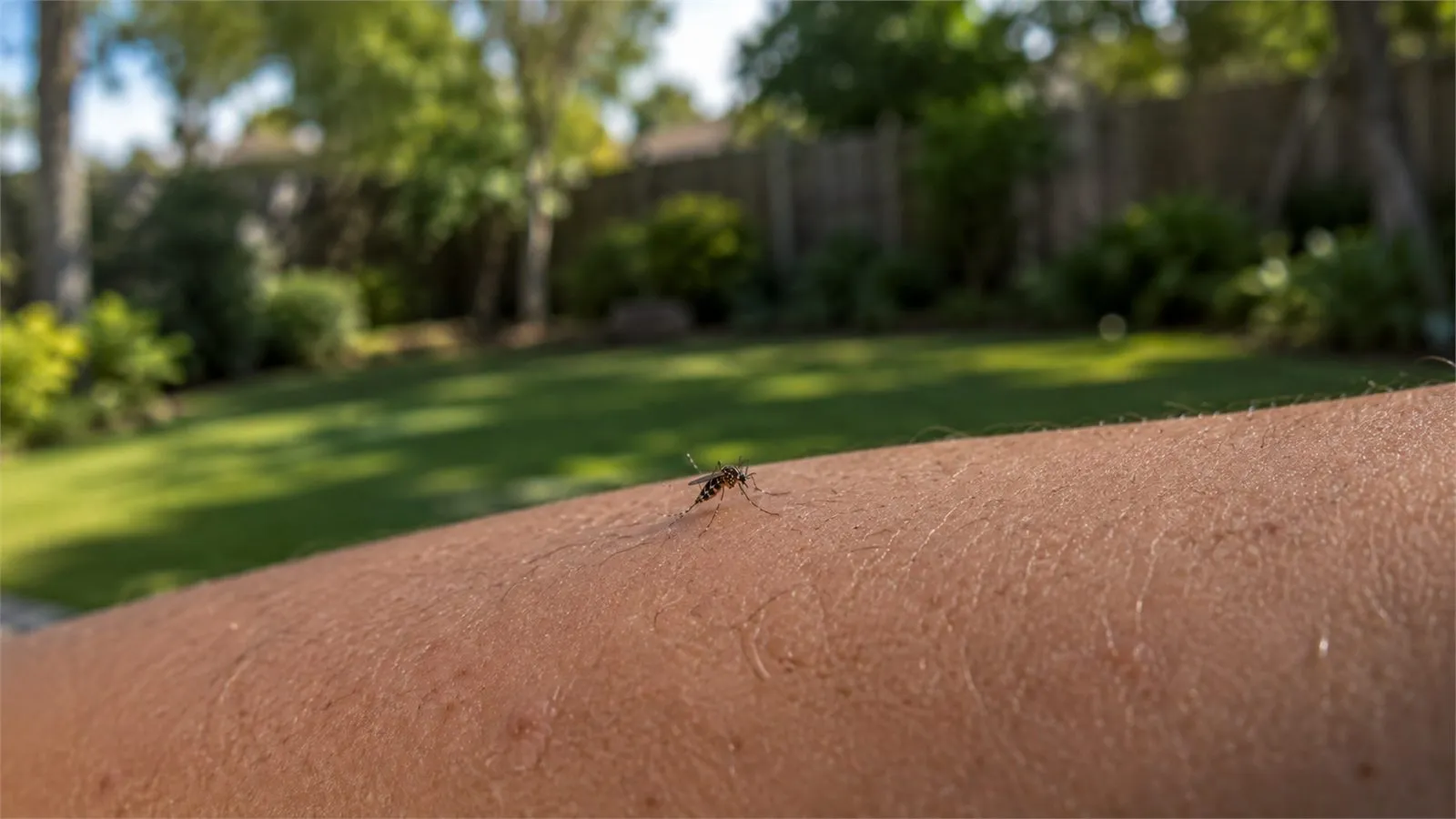 A small dark Aedes "ankle-biter" mosquito with white-banded legs on human skin in a Southern California backyard — the invasive daytime-biting species now common across Los Angeles and Orange County.
