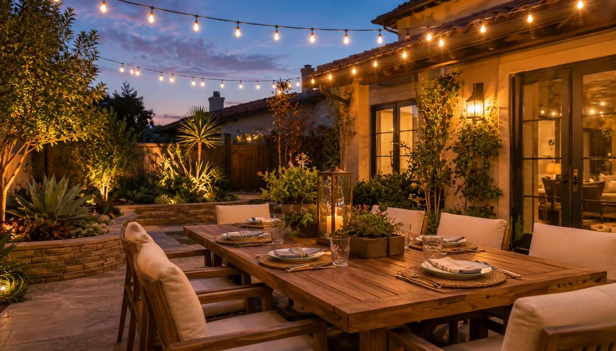 A Southern California backyard patio at dusk with glowing string lights and a set outdoor dining table — the kind of inviting outdoor space that stays comfortable when pests are kept in check