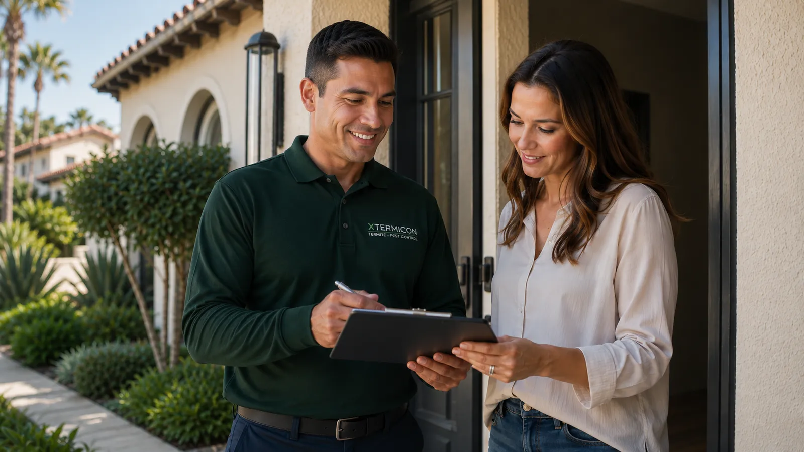 A licensed pest control technician servicing the exterior of a Southern California home — understanding what actually drives the cost of professional pest control.