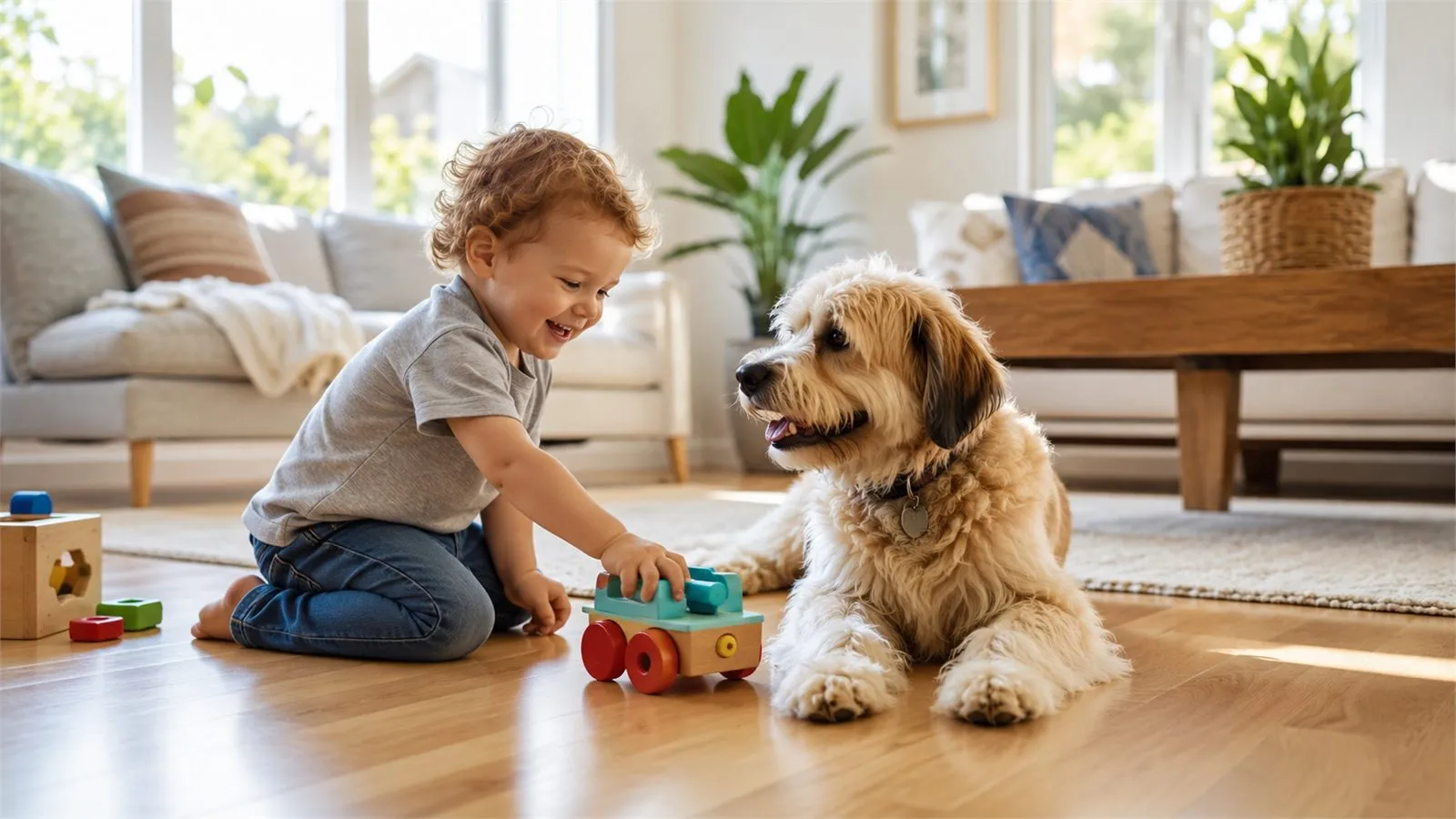 A young child and a dog on the living room floor of a Southern California home — the safety concern at the center of every family's pest control decision.