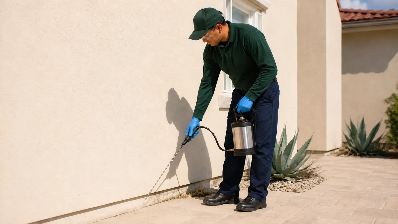 Pest control technician applying perimeter treatment to a Southern California home — professional treatments follow specific timelines by species