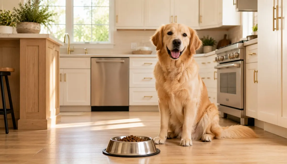 A happy dog sitting beside its food bowl in a clean, bright Southern California kitchen — keeping pet food and feeding areas pest-free year-round