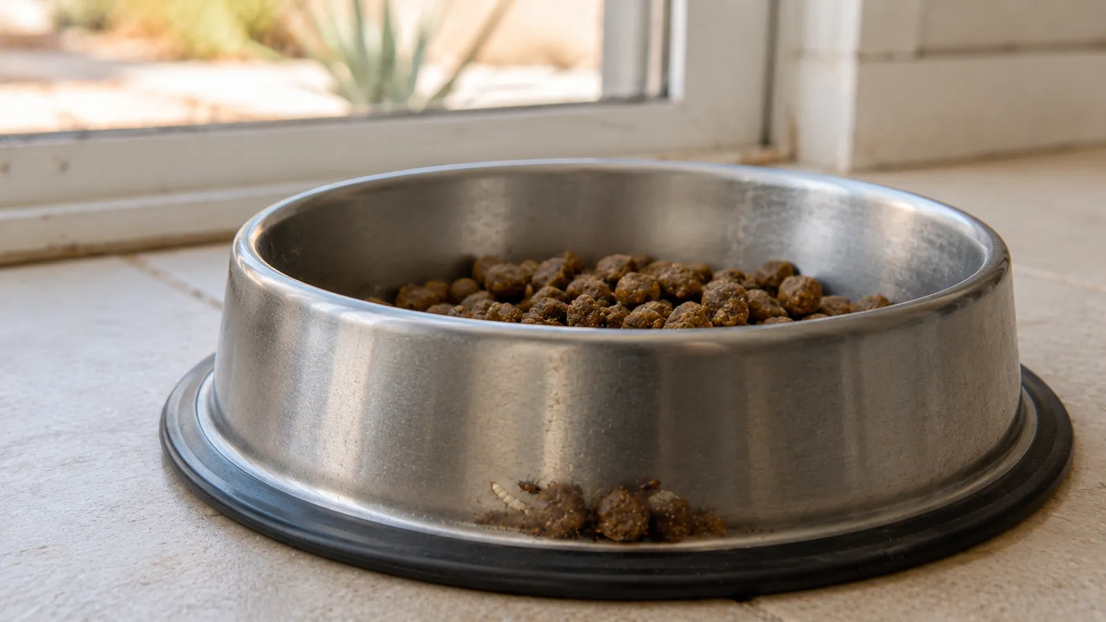 A happy dog sitting beside its food bowl in a clean, bright Southern California kitchen — keeping pet food and feeding areas pest-free year-round
