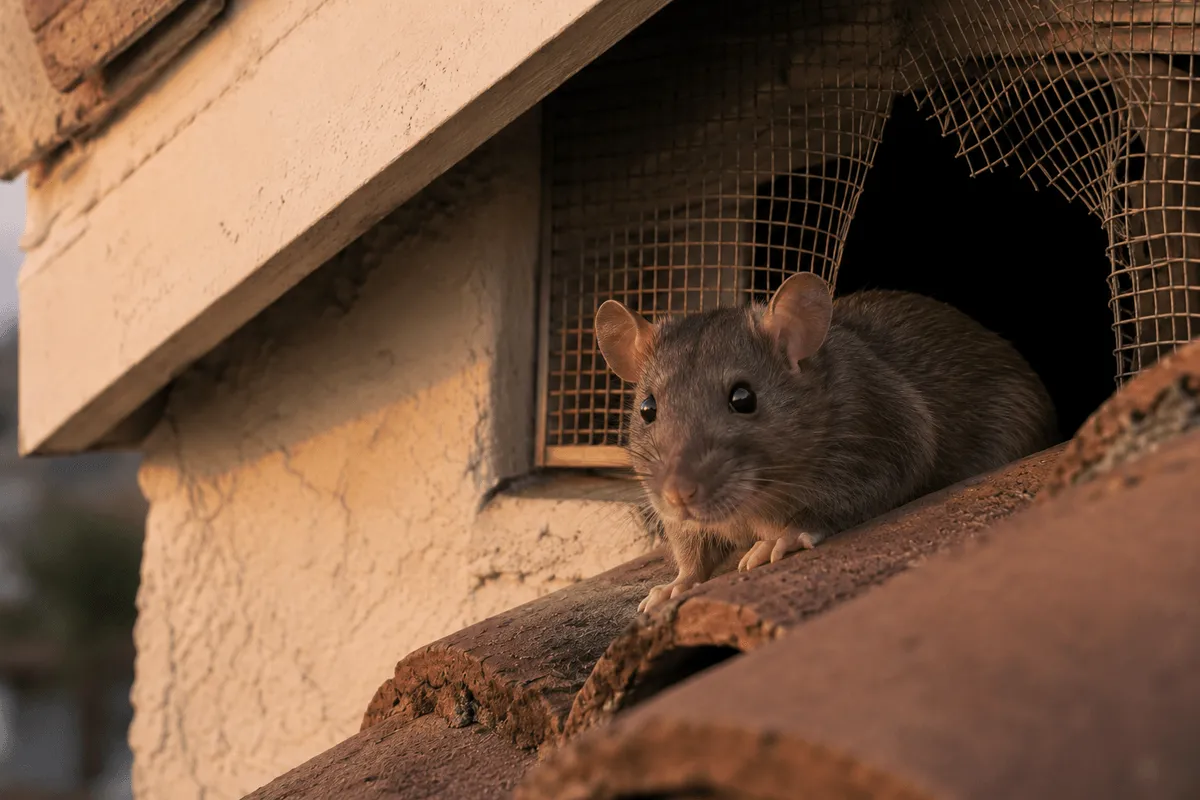 Roof rat entry point at attic vent on a Southern California home — gaps in screens and roofline intersections are the most common access routes