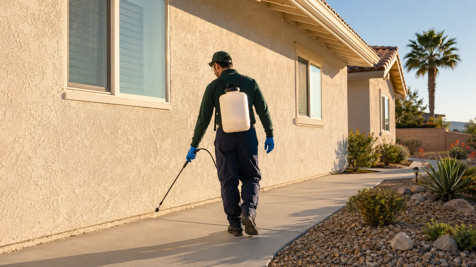 A pest control technician walking the exterior perimeter of a Southern California home on a routine scheduled visit, treating the base of the wall where it meets the path