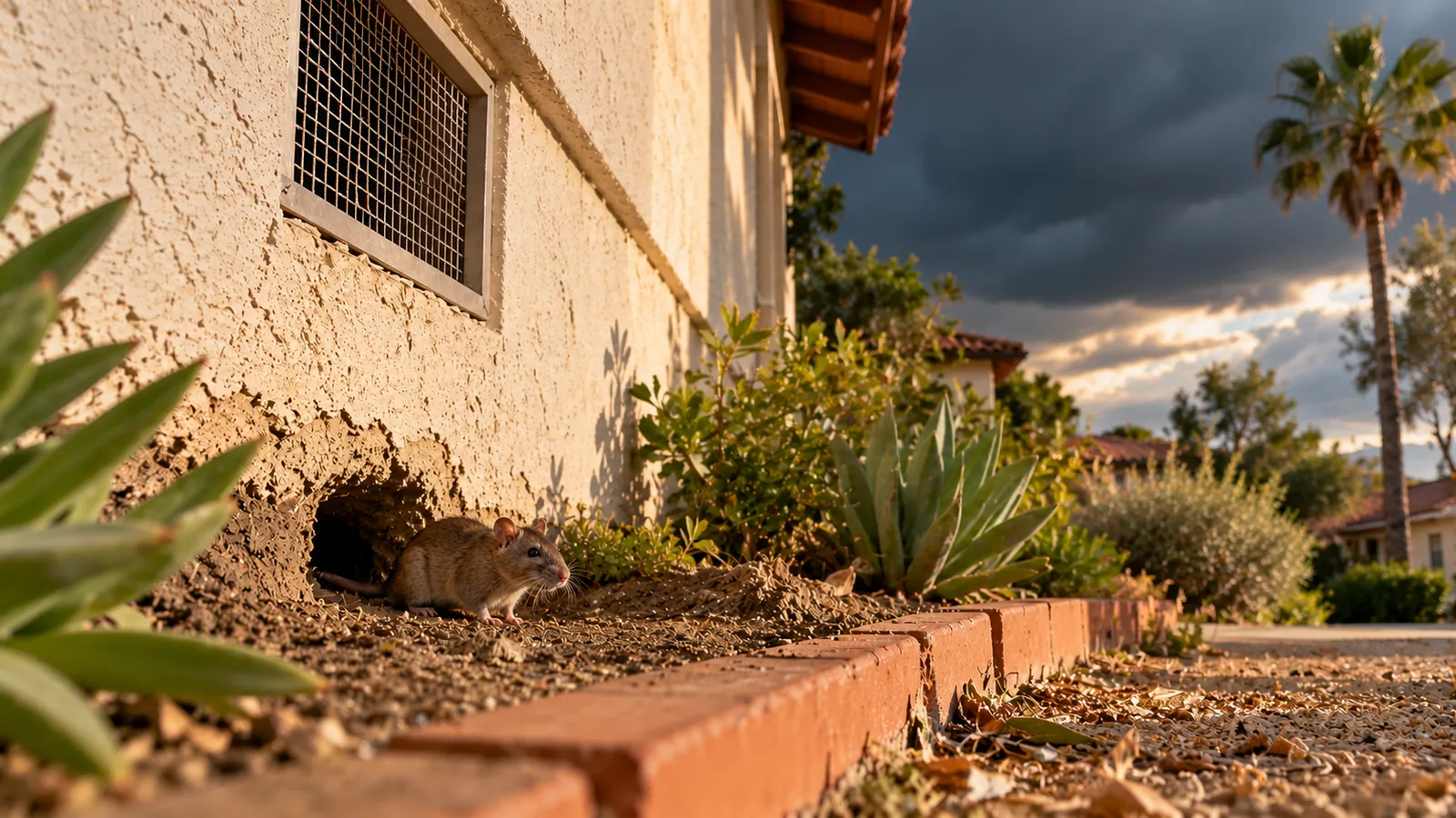 A rat at the mouth of a burrow in the soil at the base of a stucco wall, beside a screened foundation vent, with dark storm clouds building behind a palm tree
