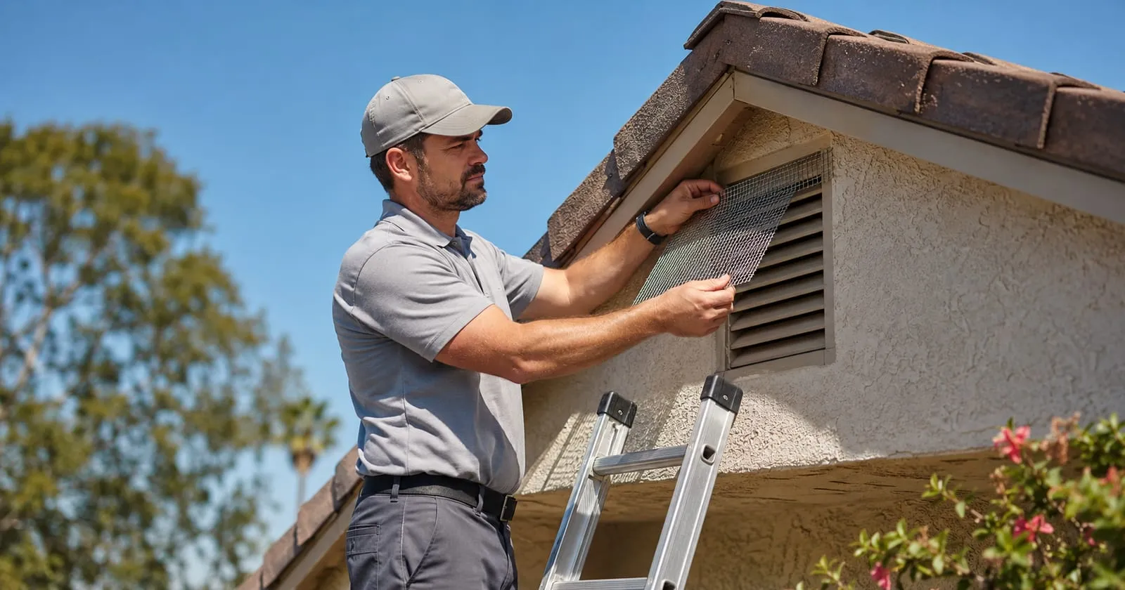 A pest control technician inspecting a roofline for roof rat entry points on a Southern California home — exclusion work is the critical first step