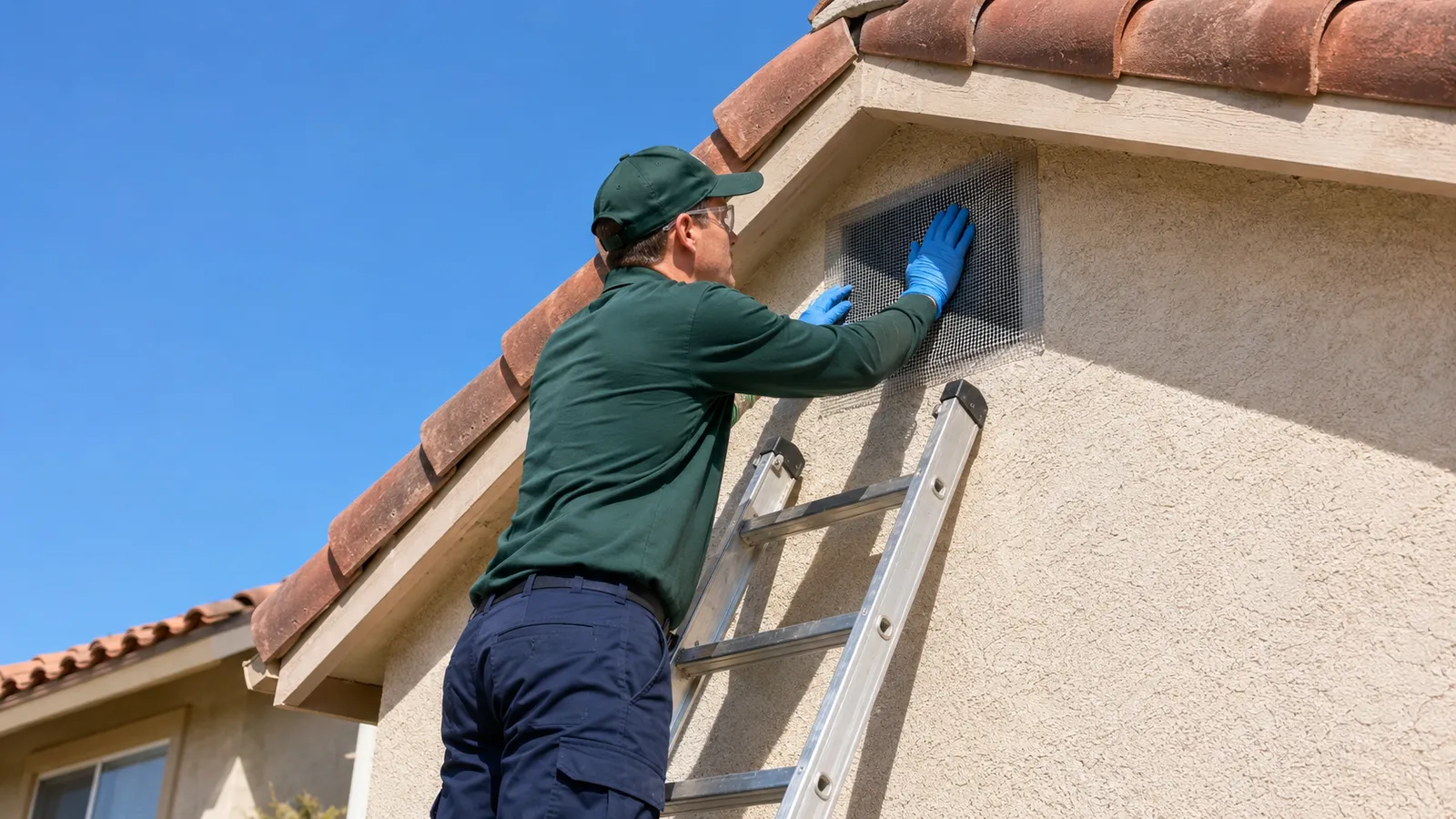 A pest control technician inspecting a roofline for roof rat entry points on a Southern California home — exclusion work is the critical first step