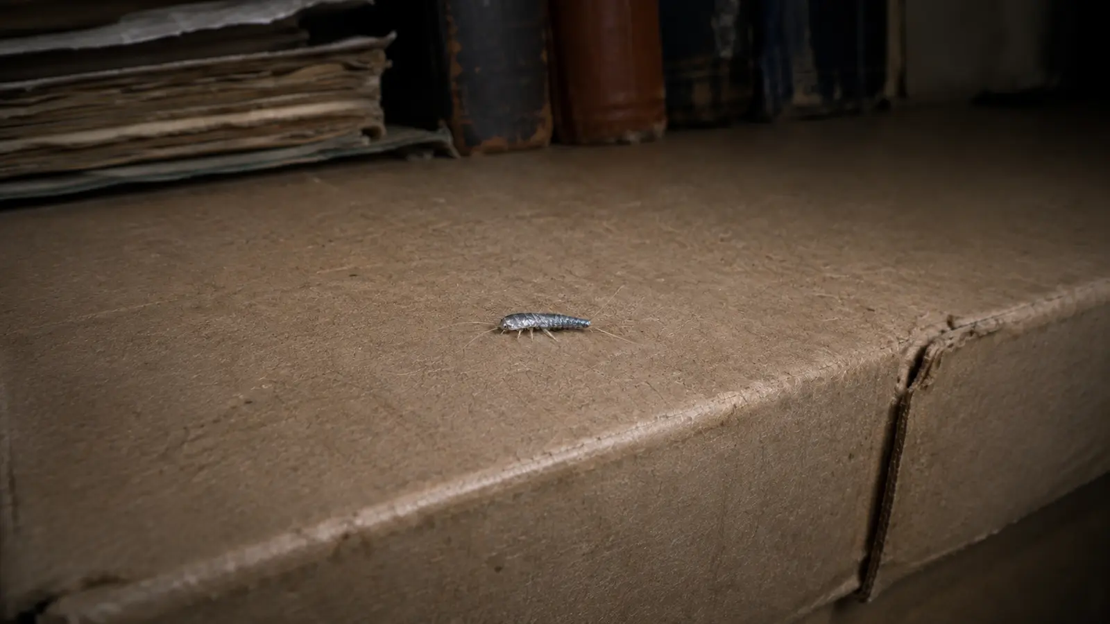 A silverfish on a stored cardboard box in a dim closet, showing the tapered silvery body and long tail bristles that identify the species