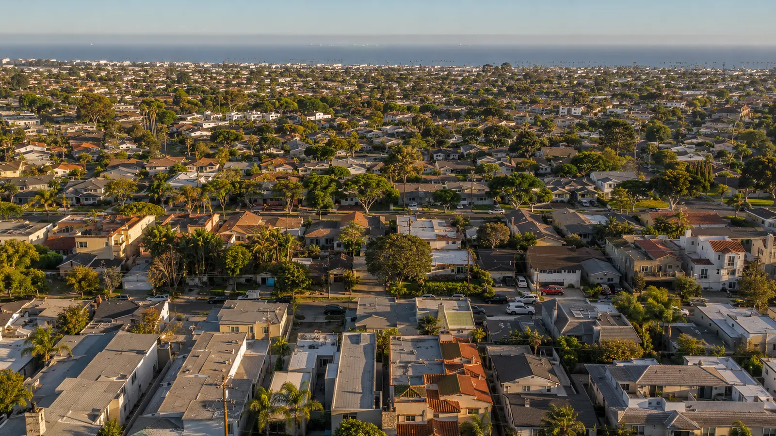 Aerial view across South Bay neighborhoods showing the shift from dense beach-adjacent lots to wider inland tract housing, the structural difference that drives local pest pressure