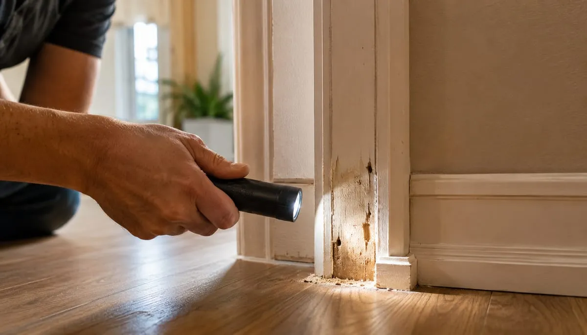 A homeowner using a flashlight to inspect a wooden door frame for the subtle wood damage and hollowing that signal a termite problem in a Southern California home