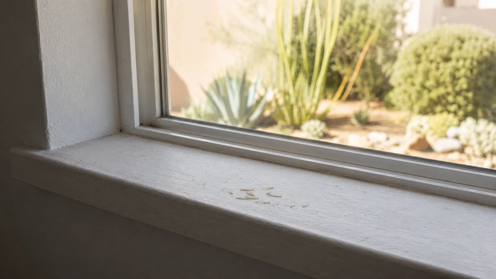 Discarded termite wings collected on the interior windowsill of a Southern California home after an evening swarm — the most common first sign a homeowner notices