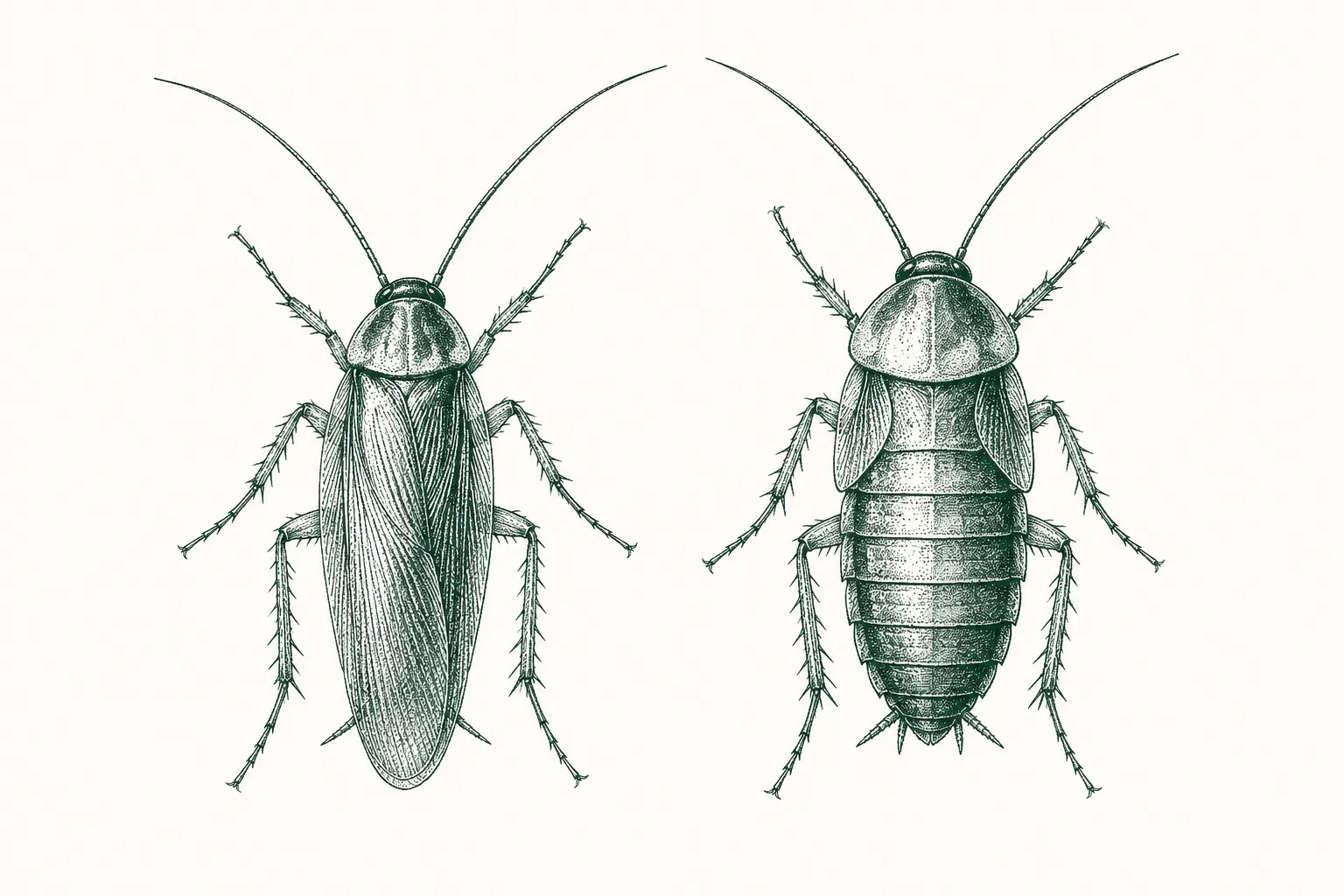 Pen-and-ink illustration comparing a male Turkestan cockroach (left, with long full wings covering the abdomen) and a female (right, with short wing pads and an exposed segmented abdomen) — the invasive roach now common in Southern California.