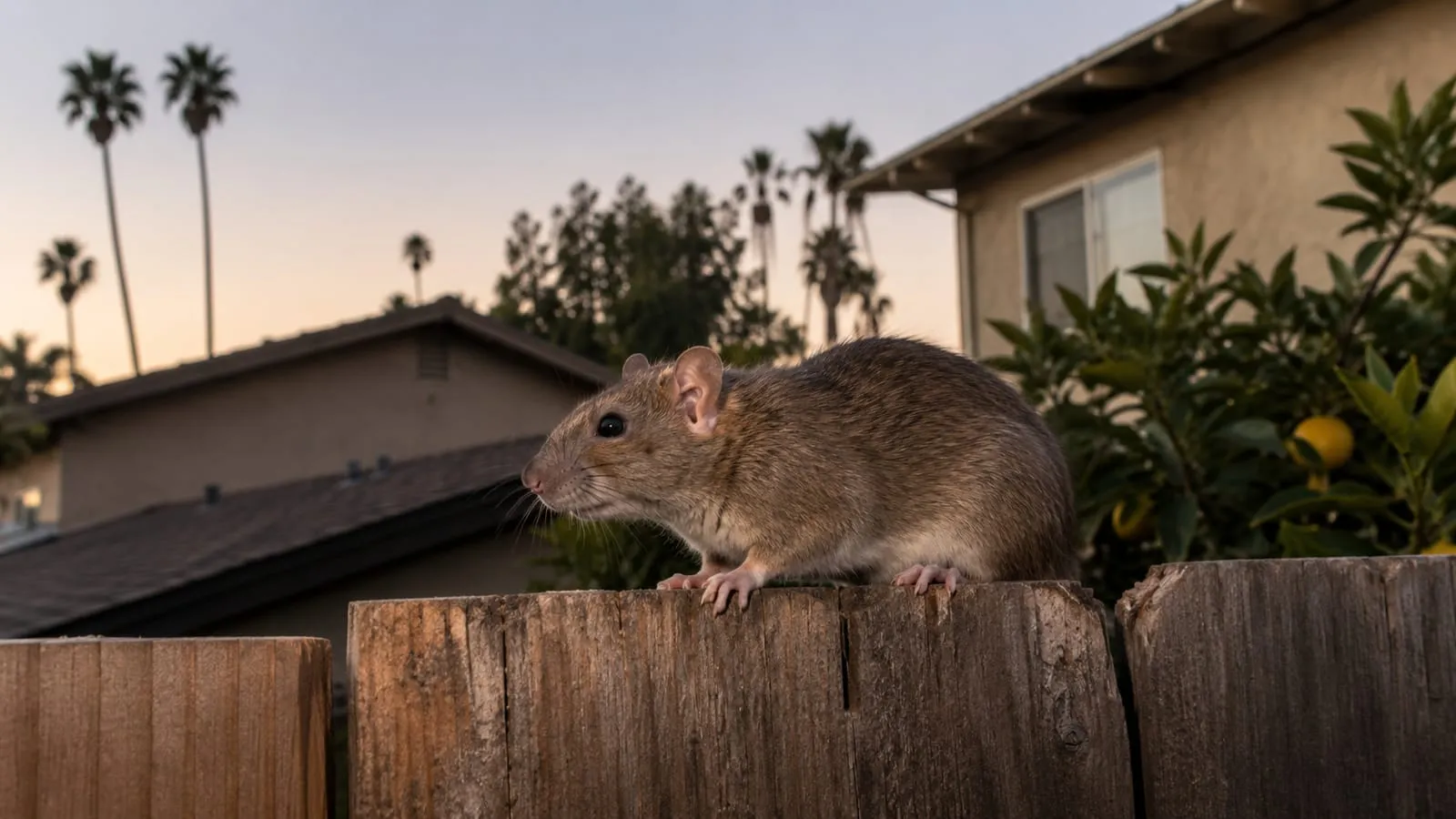 A roof rat on a fence in a Southern California residential neighborhood — roof rat populations have grown steadily across the LA Basin for over a decade
